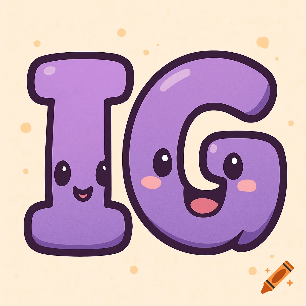 Cute cartoon purple letters 'IG' with happy faces and pink cheeks, on a light beige speckled background.