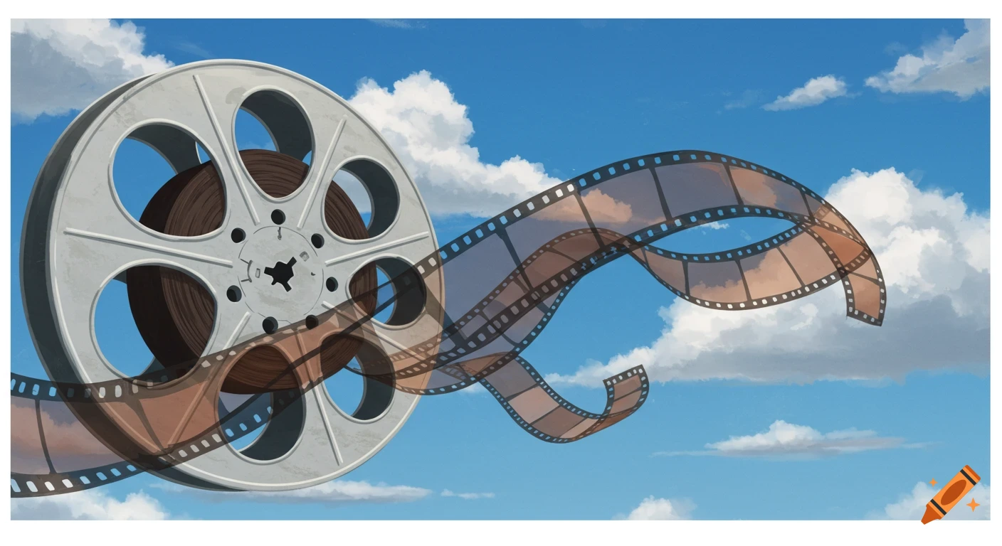 Illustration of a film reel and film strip floating in a blue sky with clouds.