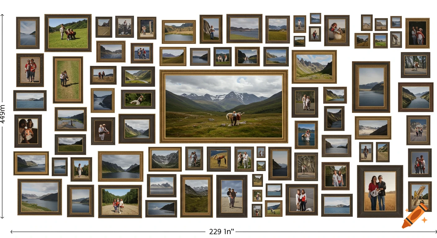 A gallery wall featuring various framed landscape photos and portraits of people on a white background.