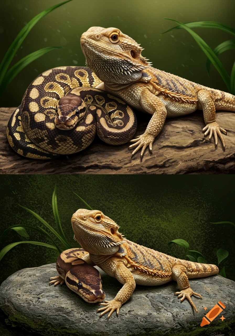 A ball python coiled next to a bearded dragon on a rock, rendered in a realistic style.