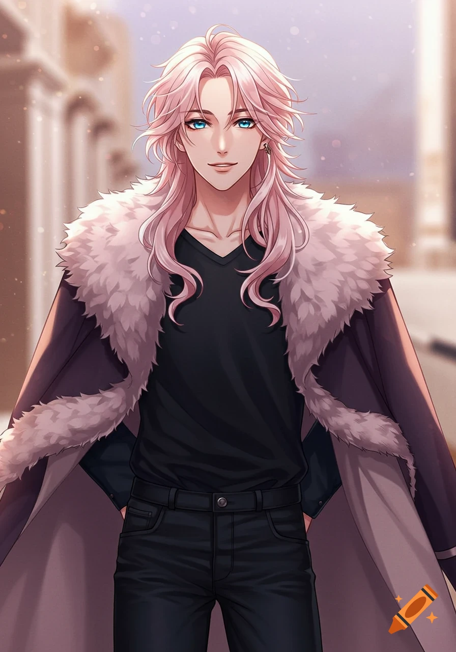 Anime portrait of a male character with pink hair, blue eyes, fur-lined coat, and black jeans.