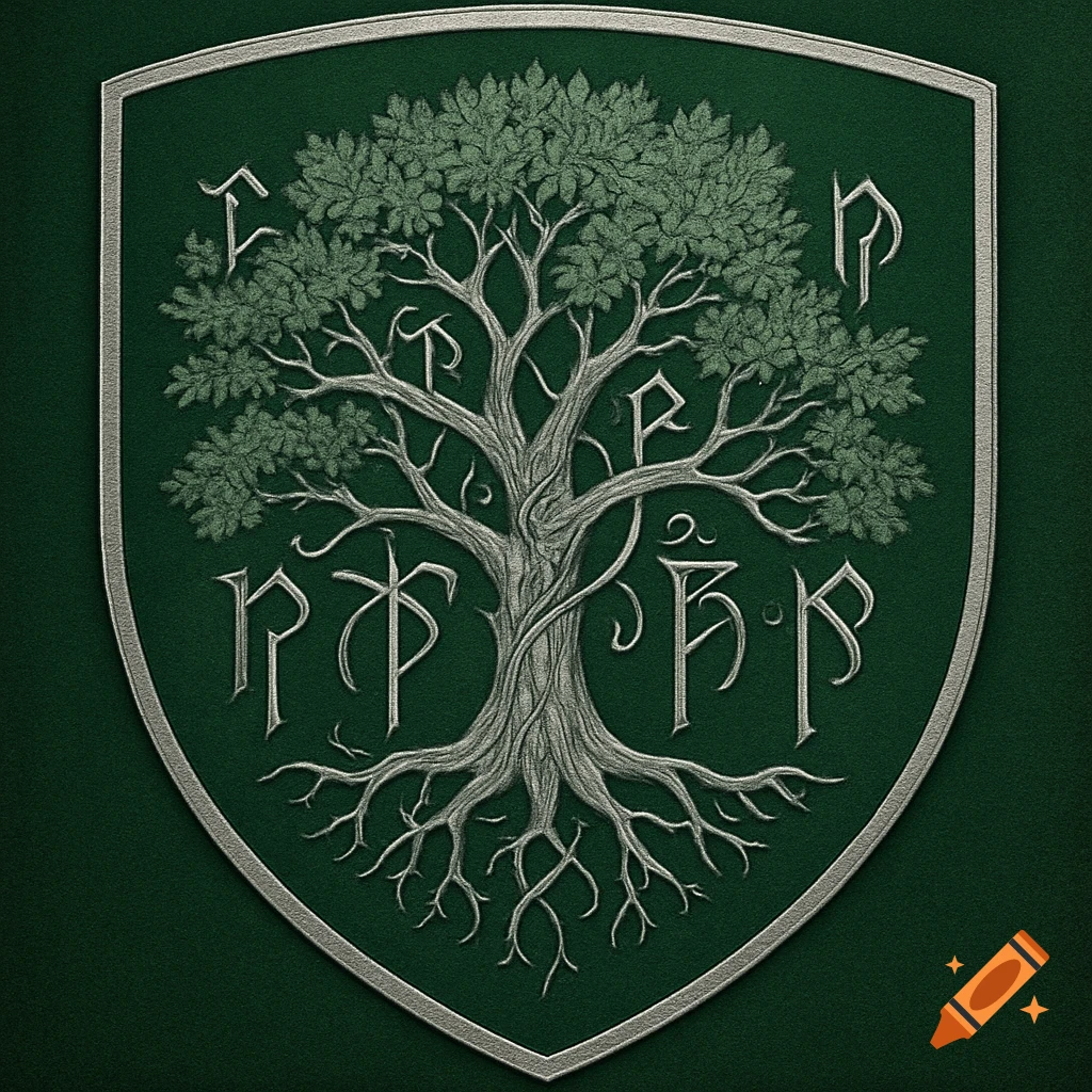 Green shield with a silver tree and silver runes. on Craiyon