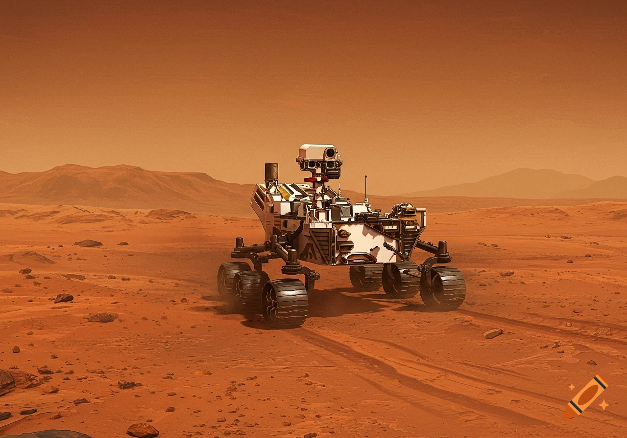 A six-wheeled rover explores the rocky, red surface of Mars under an orange sky.