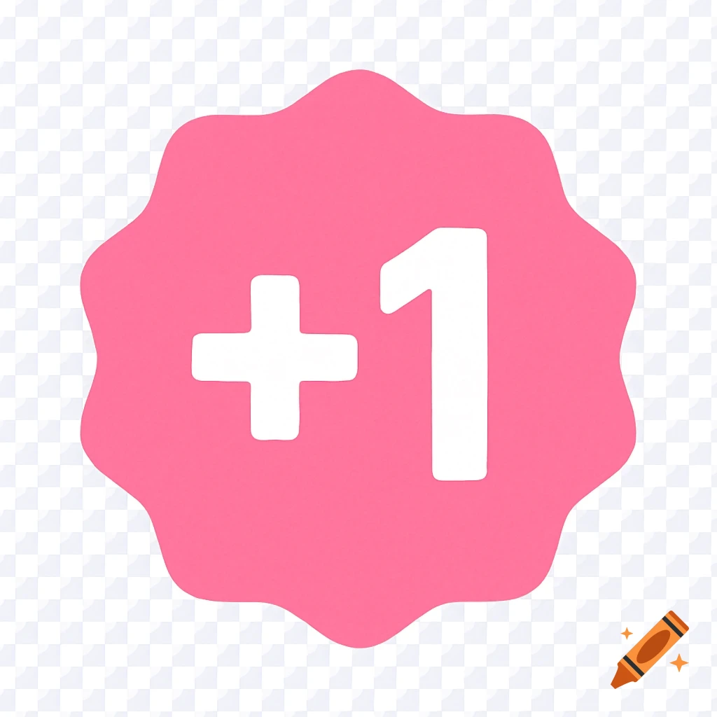 A pink badge with a wavy outline and white plus sign and number 1, on a transparent background.