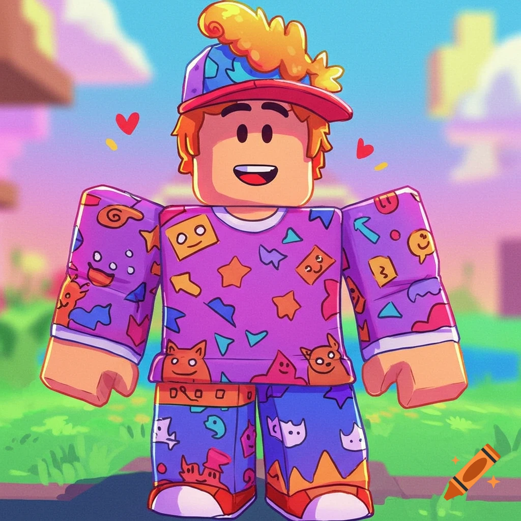 A Roblox avatar wearing a purple shirt and blue pants with colorful shapes, stars, and cat patterns.