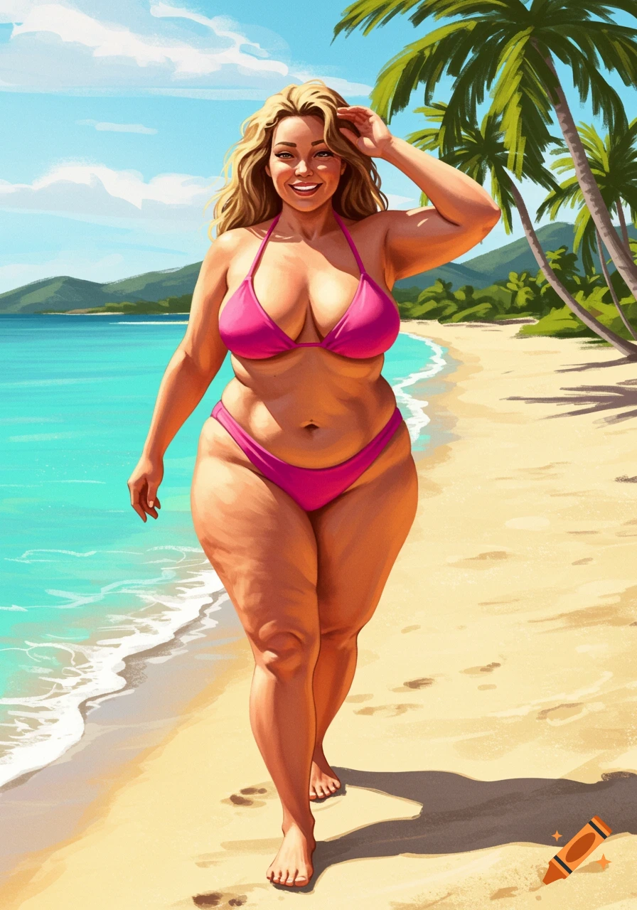 Illustration of a woman in a pink bikini walking on a sandy beach.