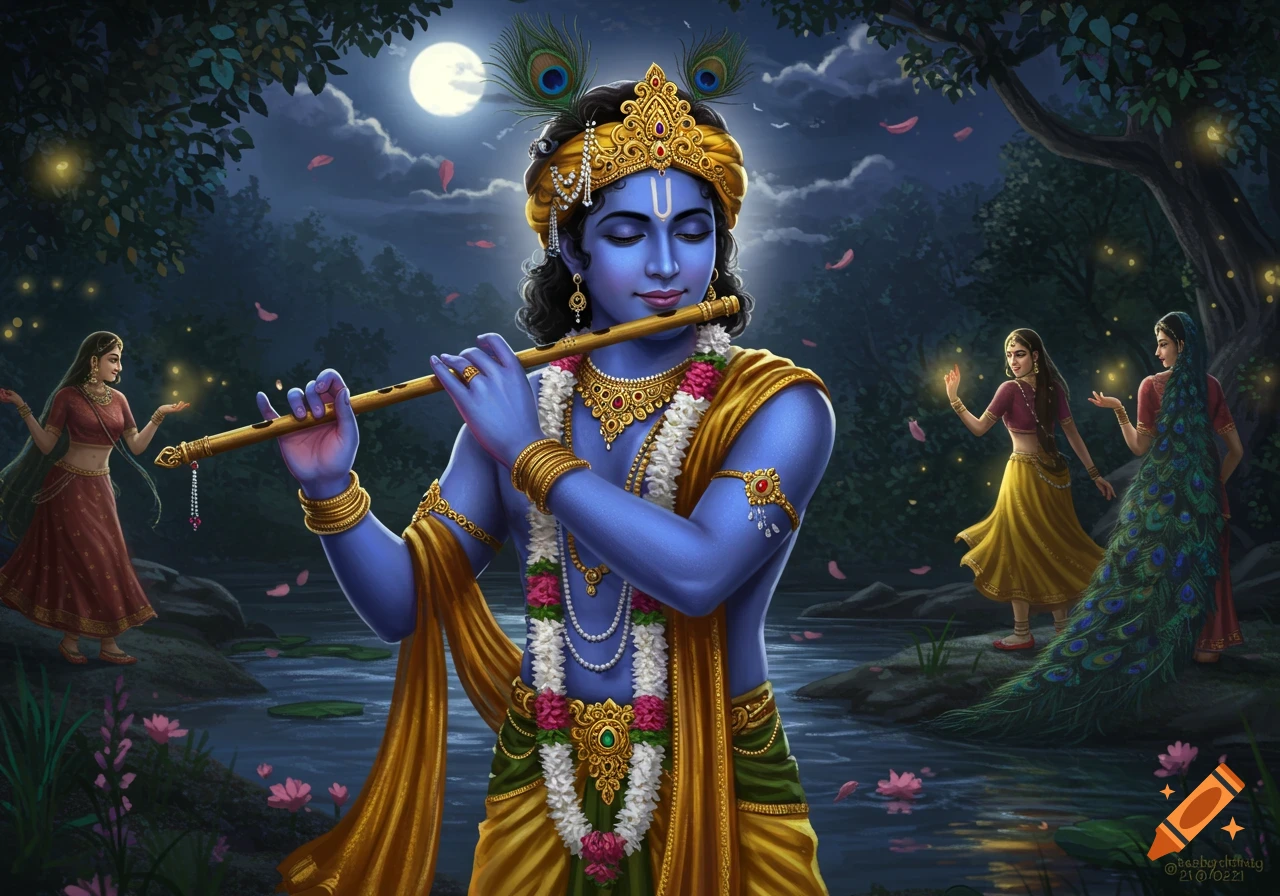 Lord Krishna plays a flute under a full moon in a forest, surrounded by gopis and a peacock.