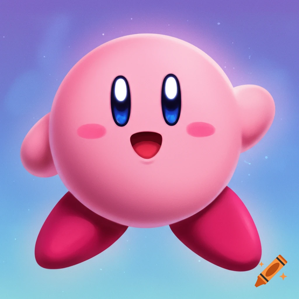 Kirby floats against a gradient purple and blue background.