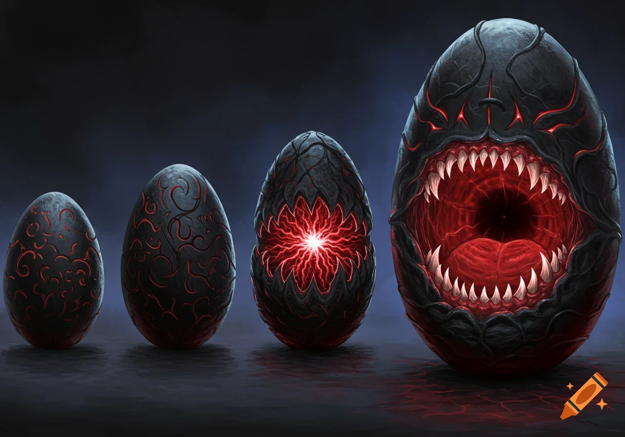 Four dark, egg-shaped objects in stages of transformation, the last one opening into a grotesque mouth with teeth in a dark, fantasy style.