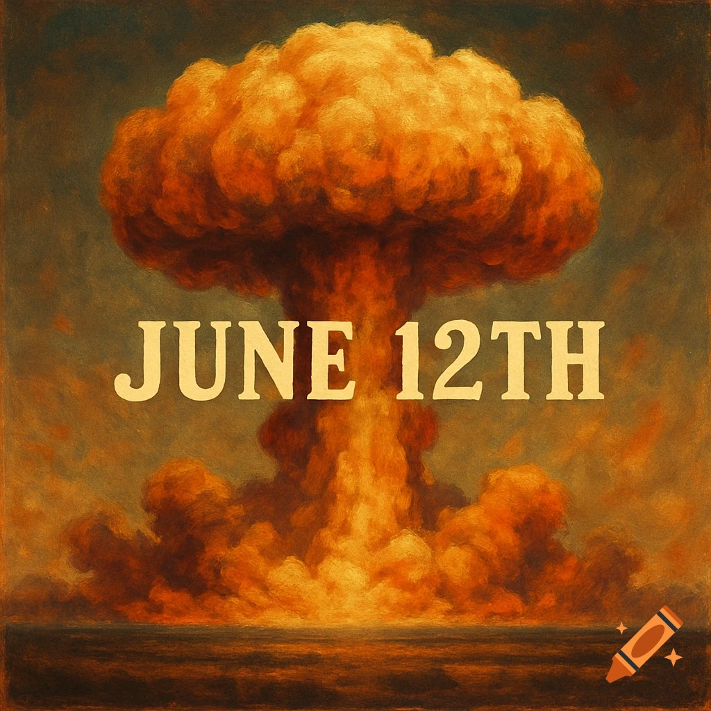 Painting of a nuclear mushroom cloud over water with the text JUNE 12TH overlaid.