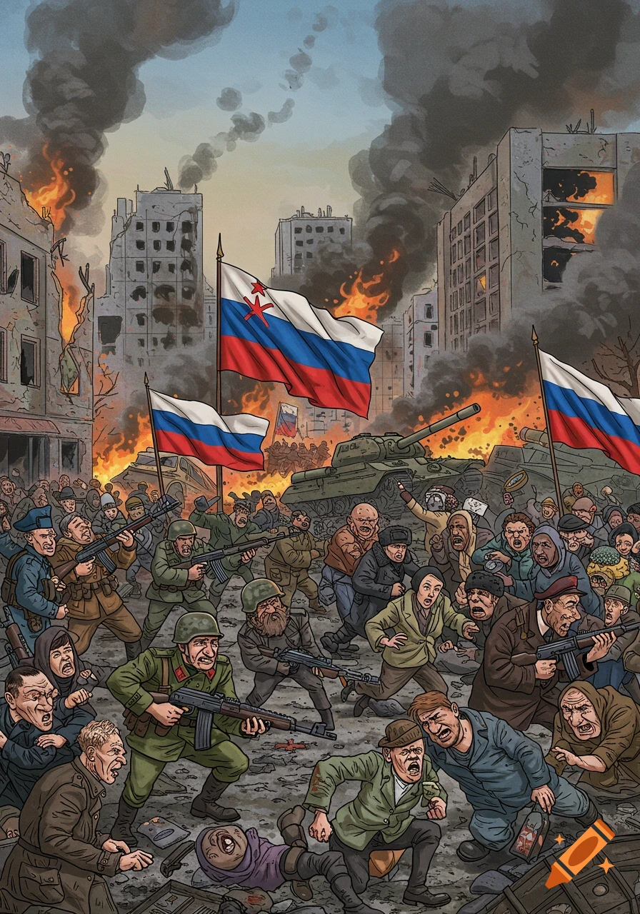 Political cartoon of a chaotic battle in a destroyed city with soldiers, civilians, and flags.