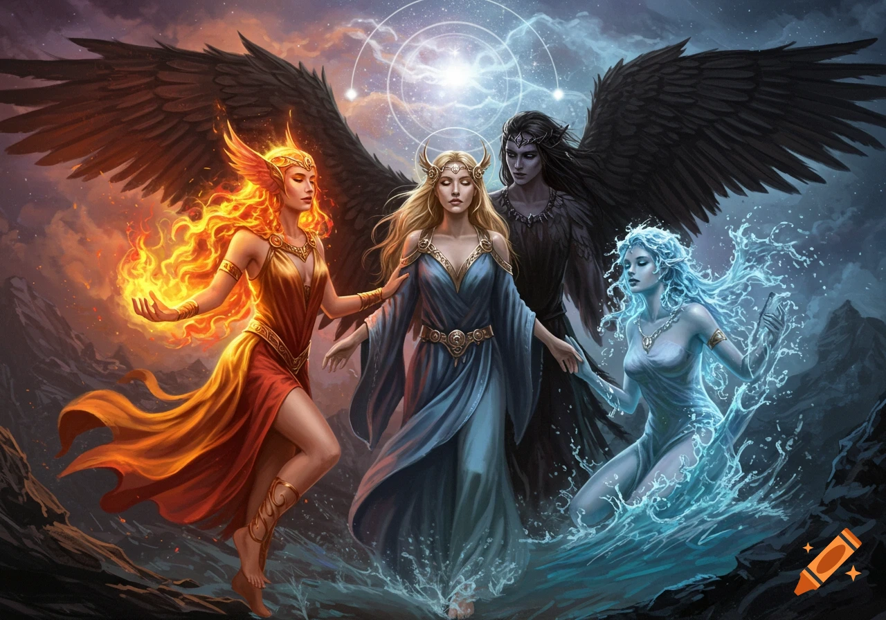 Fantasy scene with women representing fire, water, and earth/air elements alongside a winged figure.