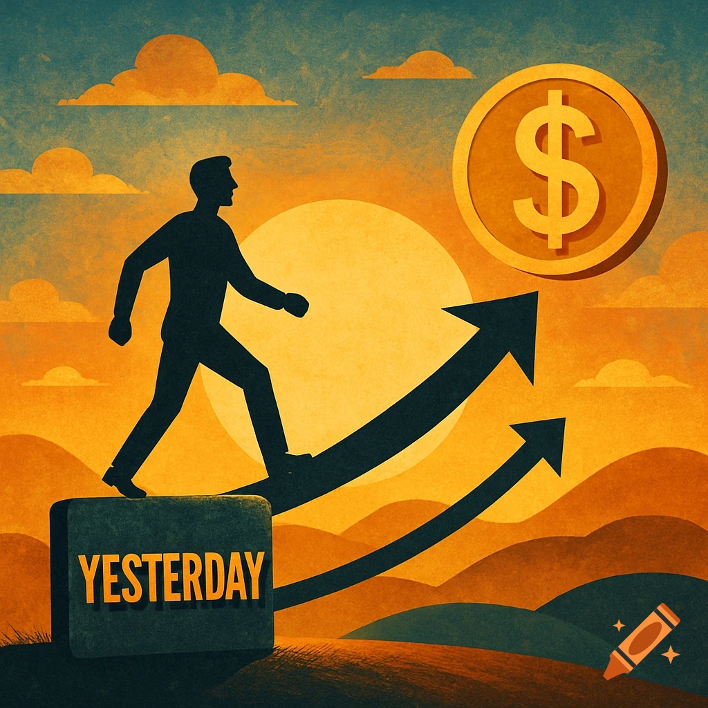 Silhouette figure walks on an upward arrow from a block labeled "YESTERDAY" towards a dollar sign, against a sunset backdrop. Illustration.