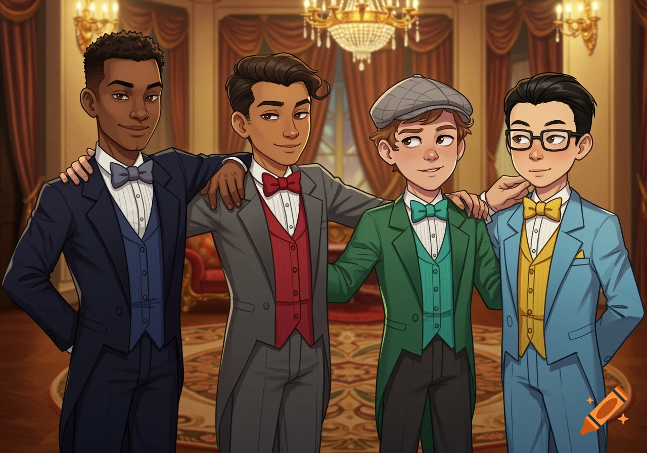 Four cartoon boys in formal tuxedos stand in a lavish room.