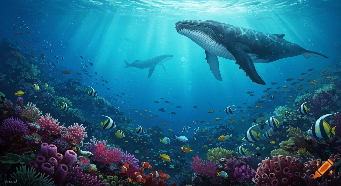 Underwater scene with two whales swimming above a colorful coral reef filled with various fish.