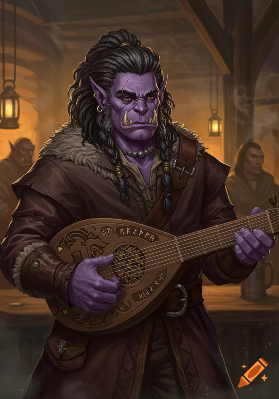 An orc bard plays a lute in a dimly lit tavern.