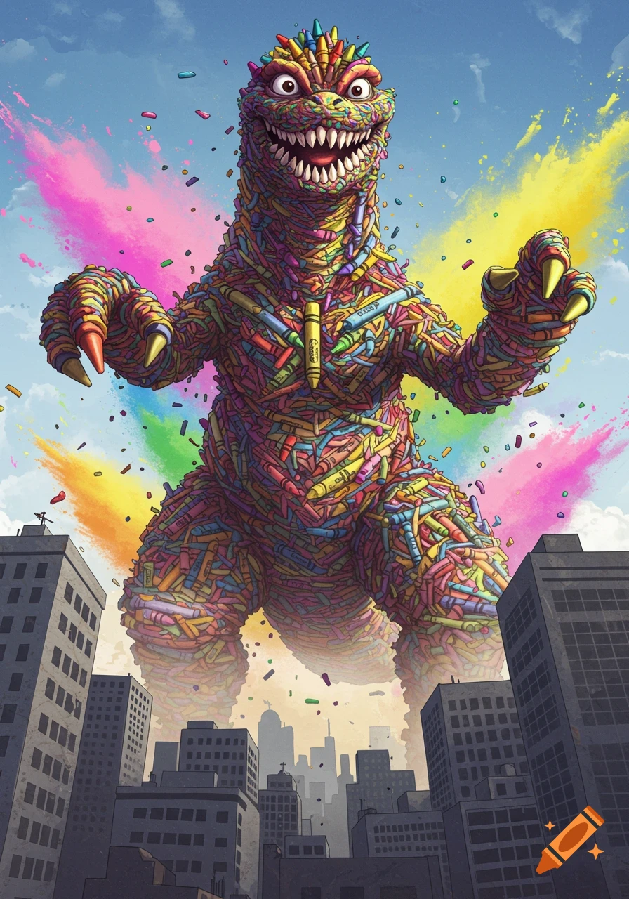Giant monster made of colorful crayons towering over a city with explosions of color.