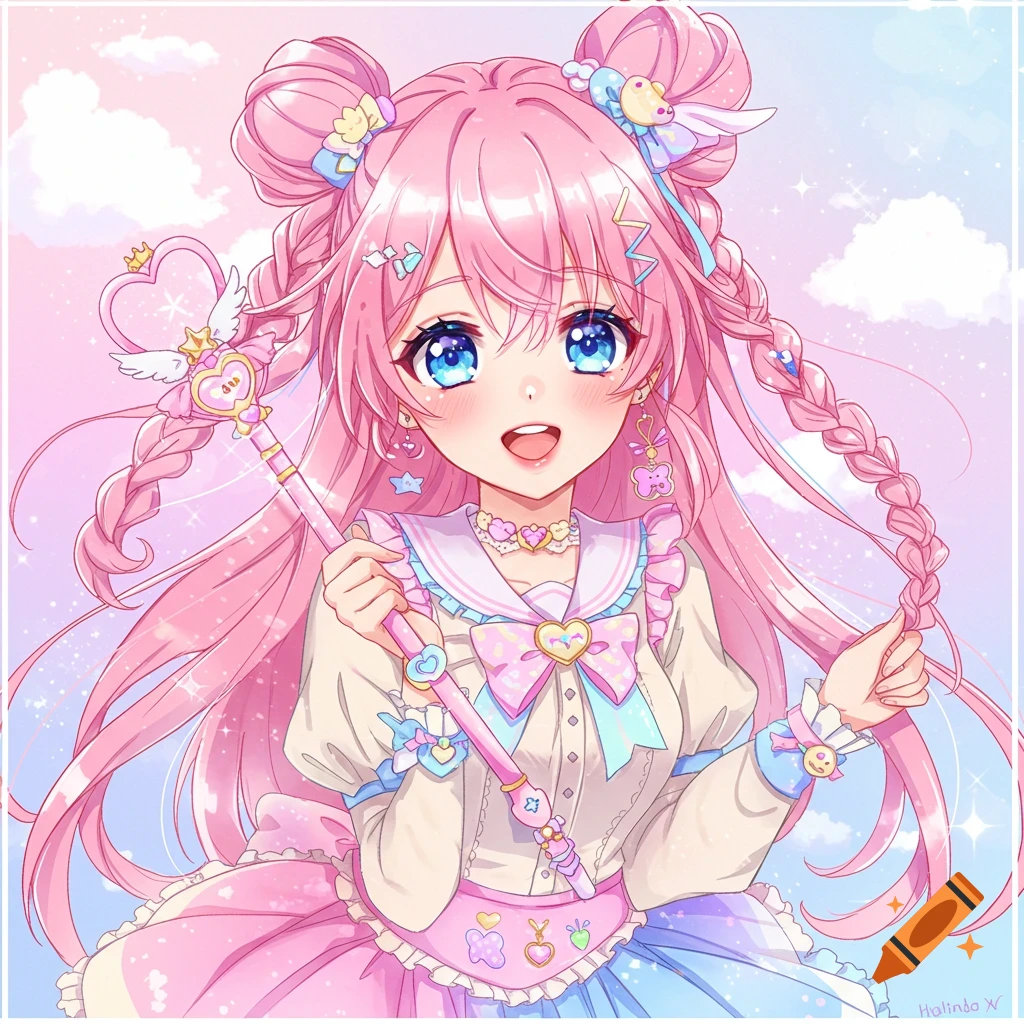 Anime girl with pink hair and blue eyes in a frilly magical girl dress holding a wand.