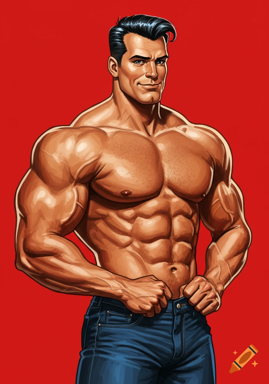 Muscular man in comic book style against a red background.