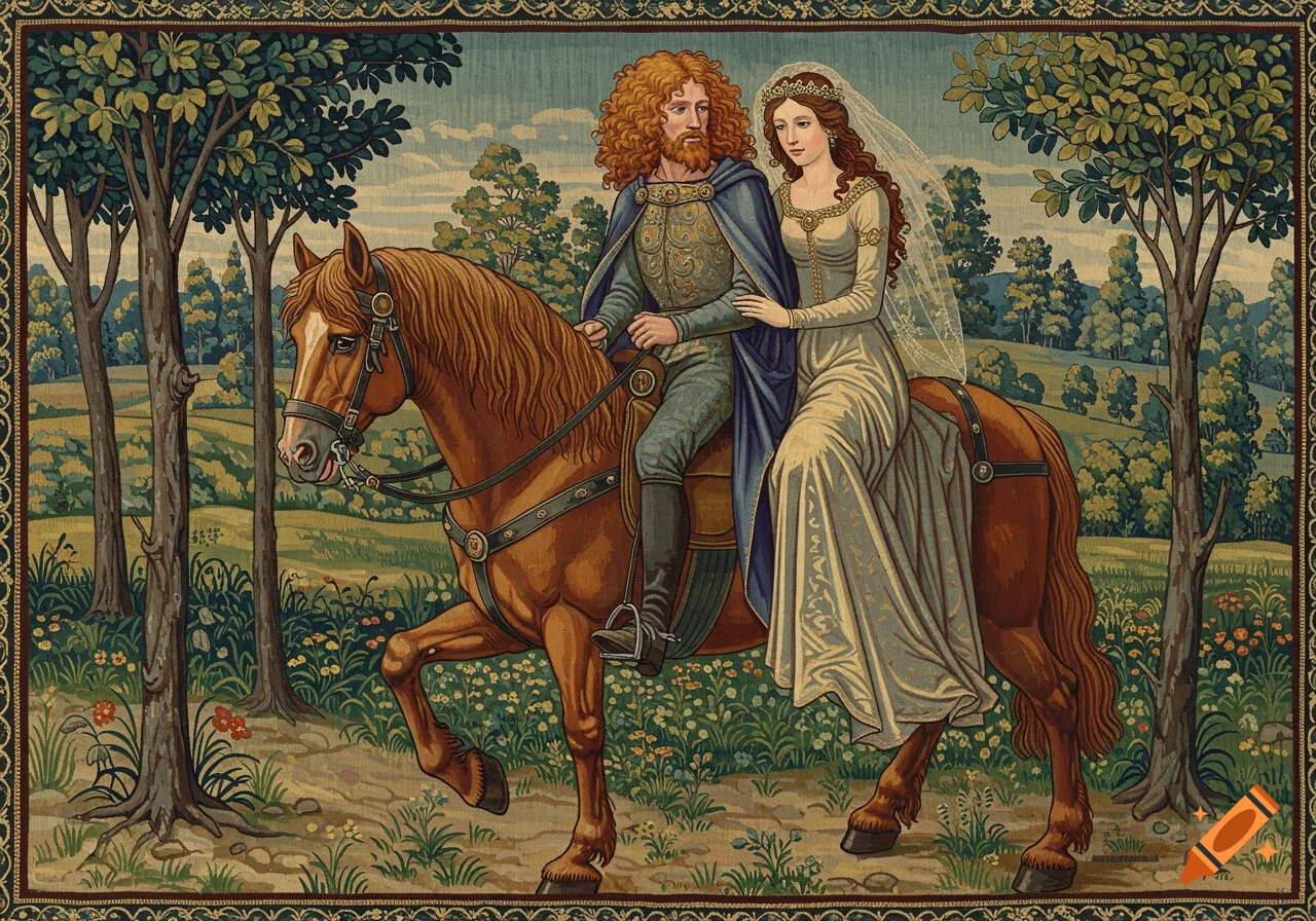 A man and woman on a horse in a forest, styled as a medieval tapestry illustration.