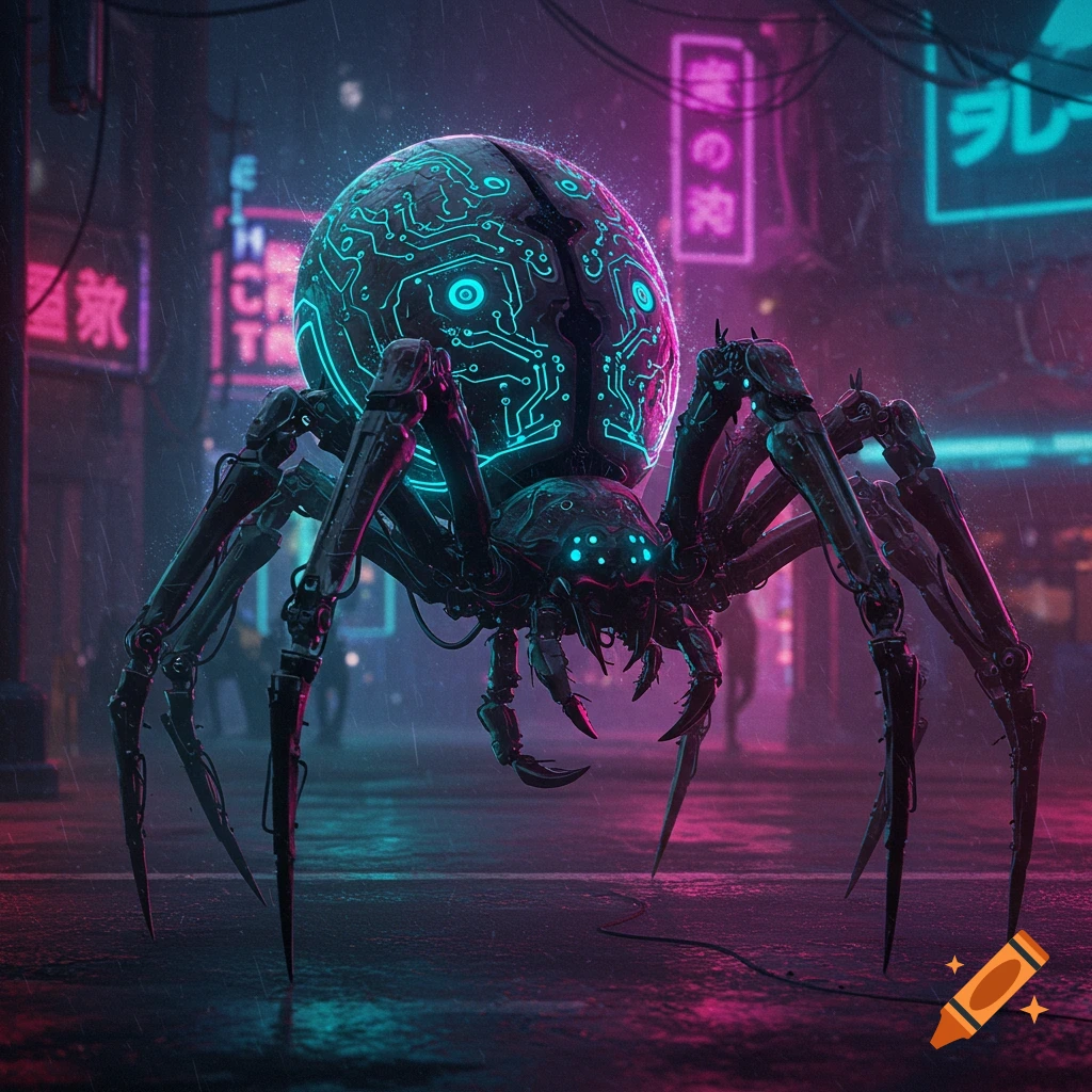Kunpei_yamanashi　デジタルプリント  NEON SKULLⅠ Cyberpunk biomechanical spider with neon circuits on its