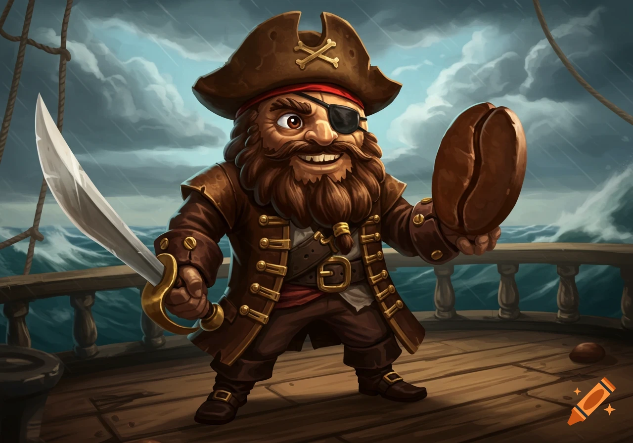 A cartoon pirate with a beard and eyepatch holding a large coffee bean on a ship deck in stormy weather.