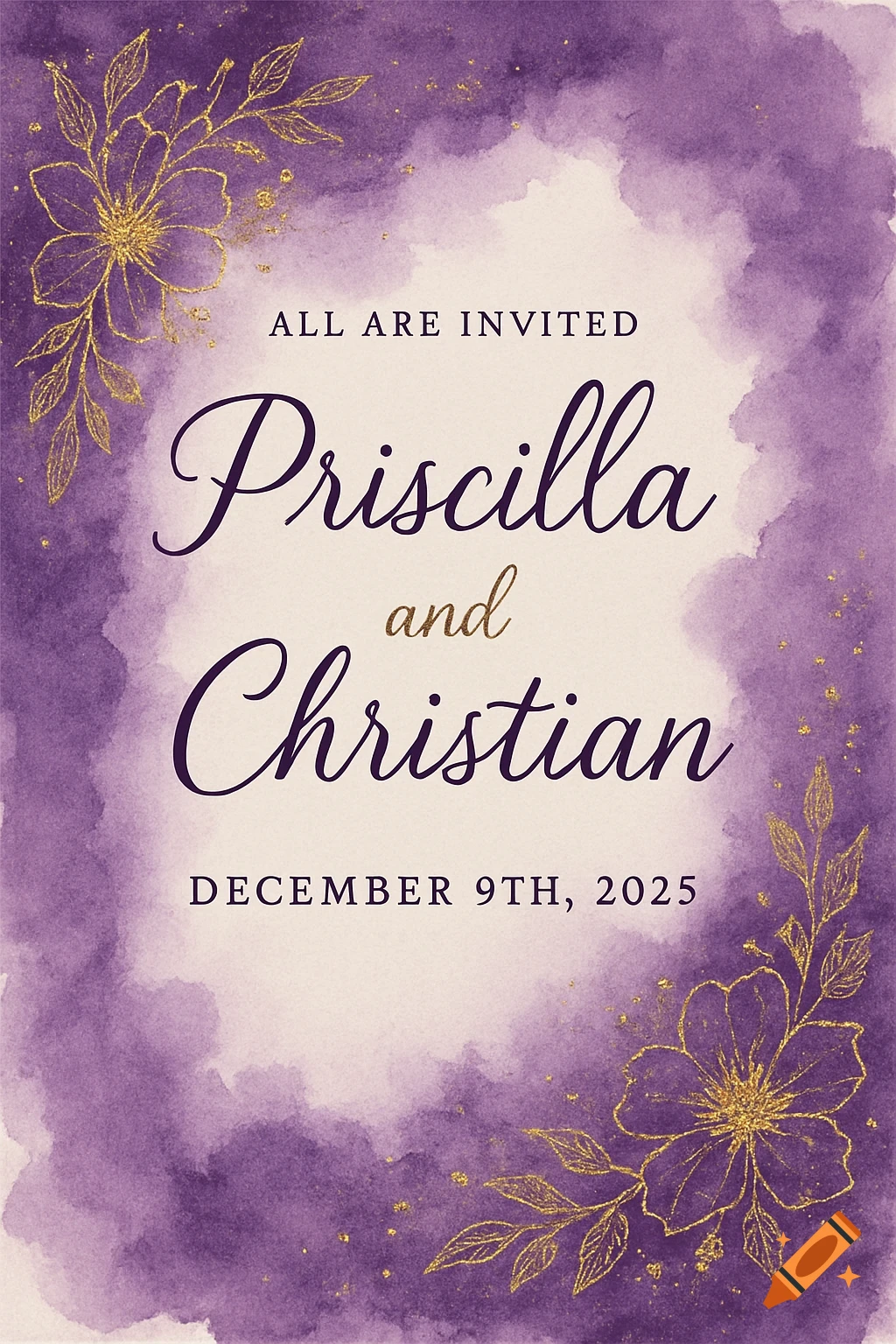 Purple watercolor wedding invitation with gold floral accents and text.