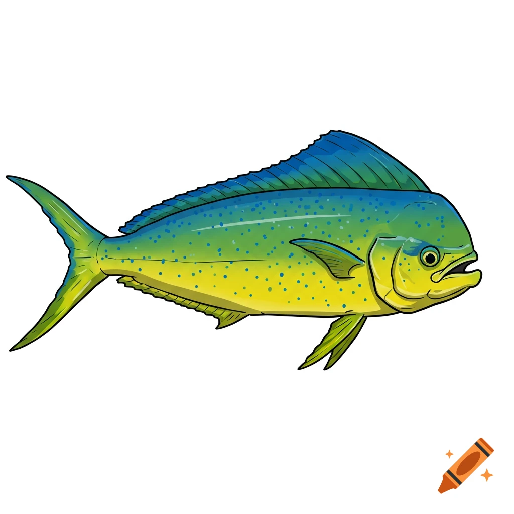 A colorful illustration of a Mahi Mahi fish on a white background.