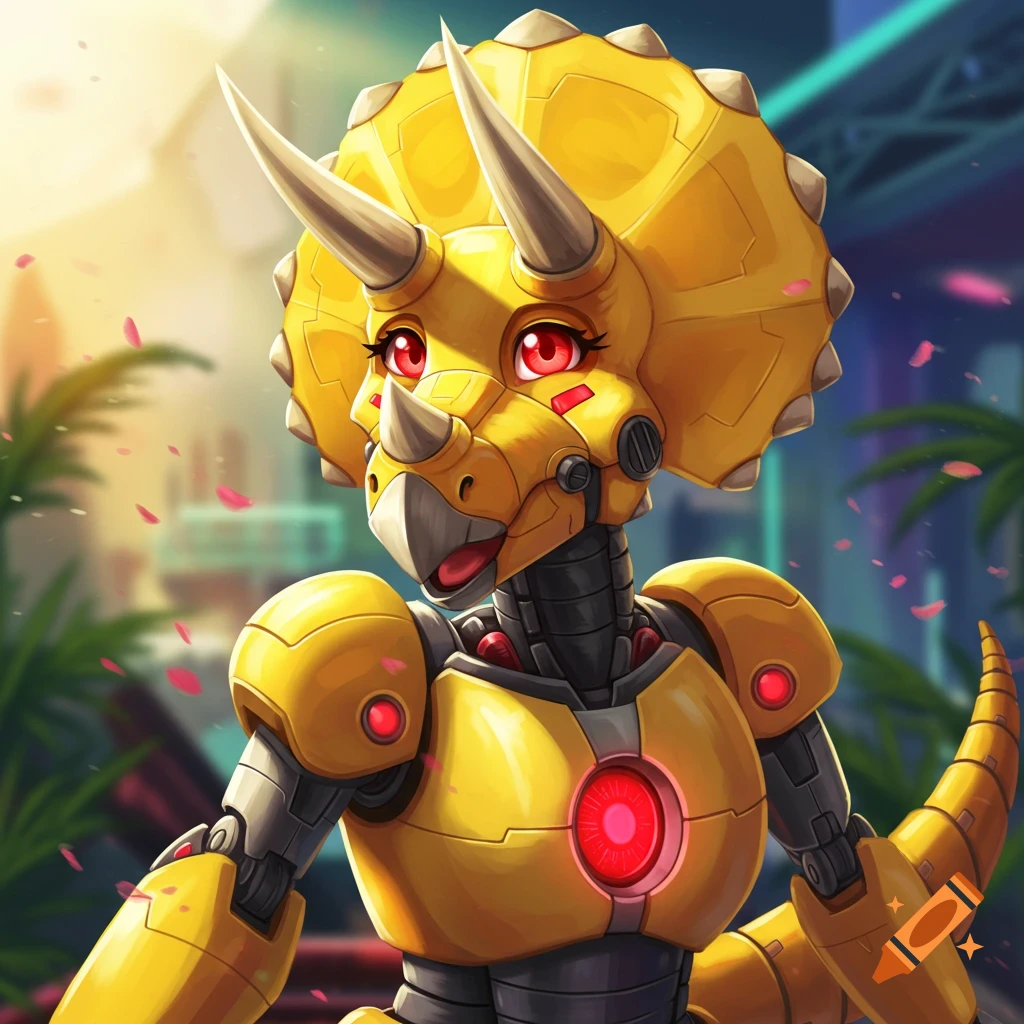 Female yellow robotic triceratops with red eyes and glowing core in anime style