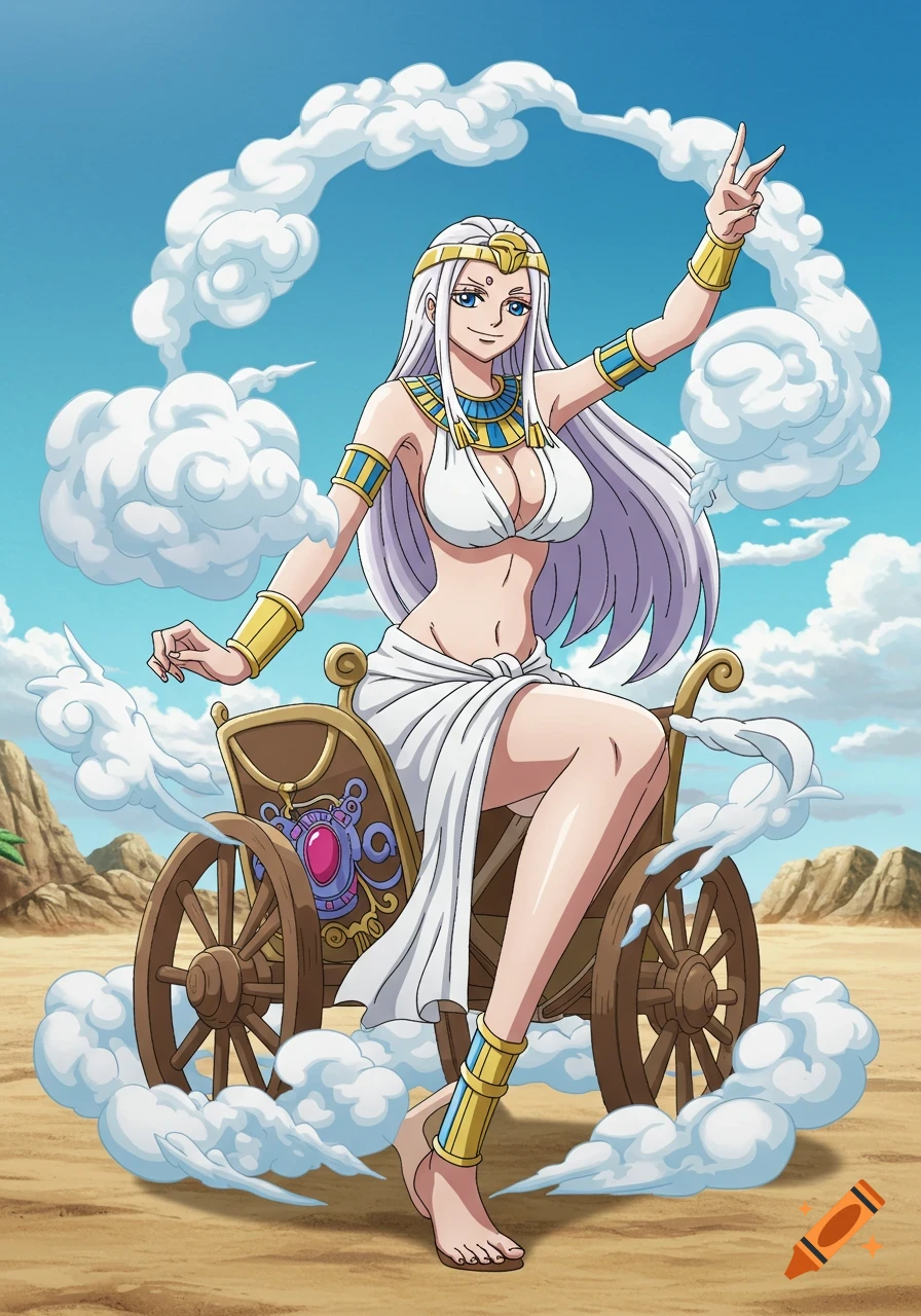 Anime character in Egyptian outfit rides a cloud chariot in a desert landscape