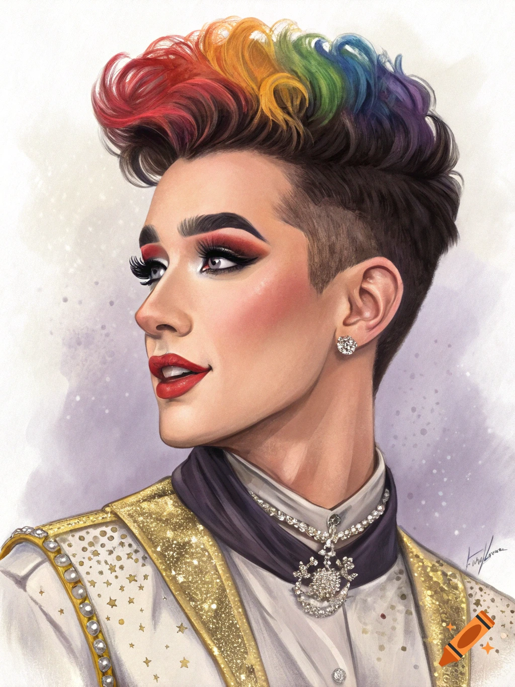 Digital painting portrait of a person with rainbow hair, full makeup, and a glittering white and gold jacket.