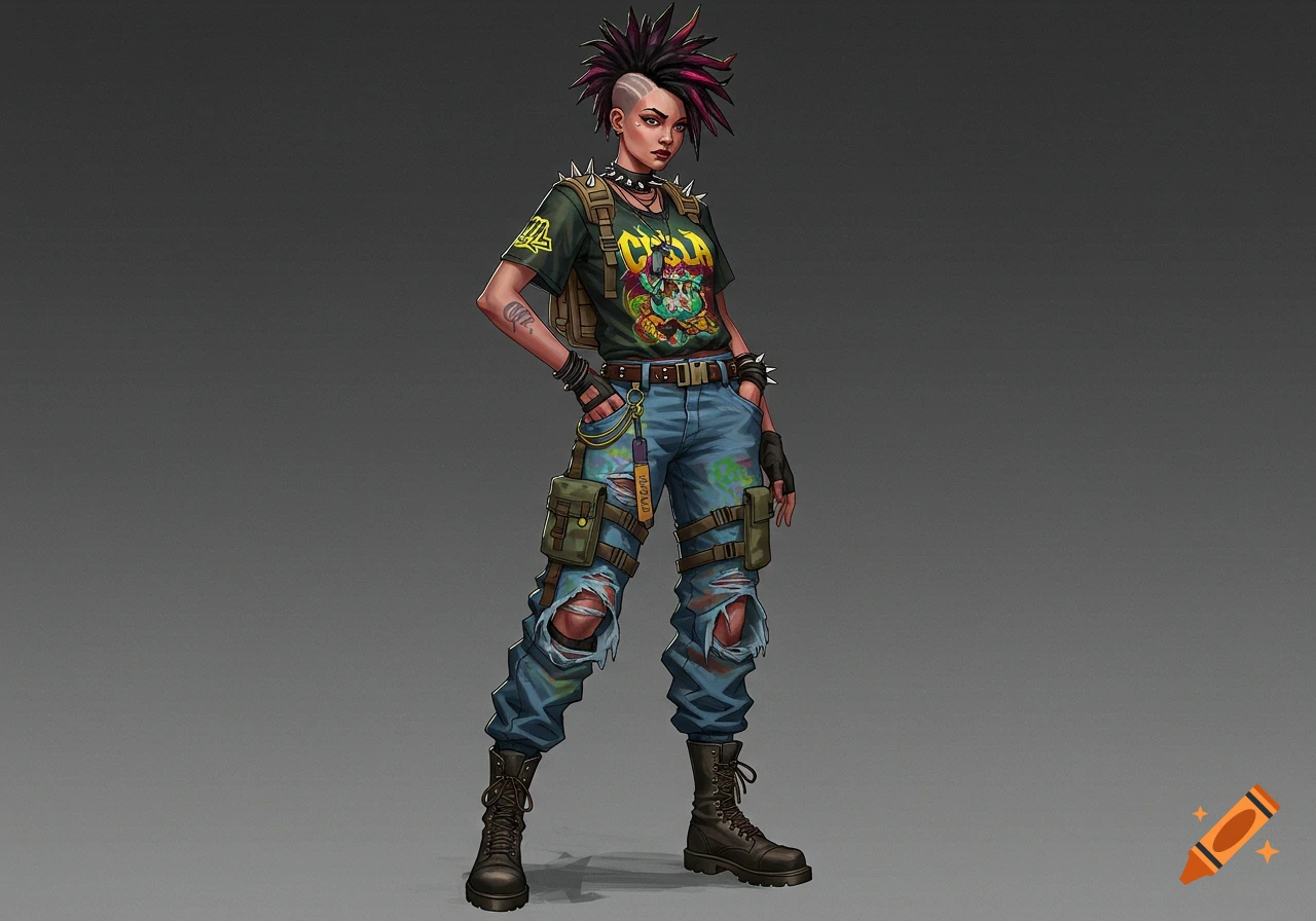 Stylized illustration of a woman in punk grunge fashion with a mohawk ...