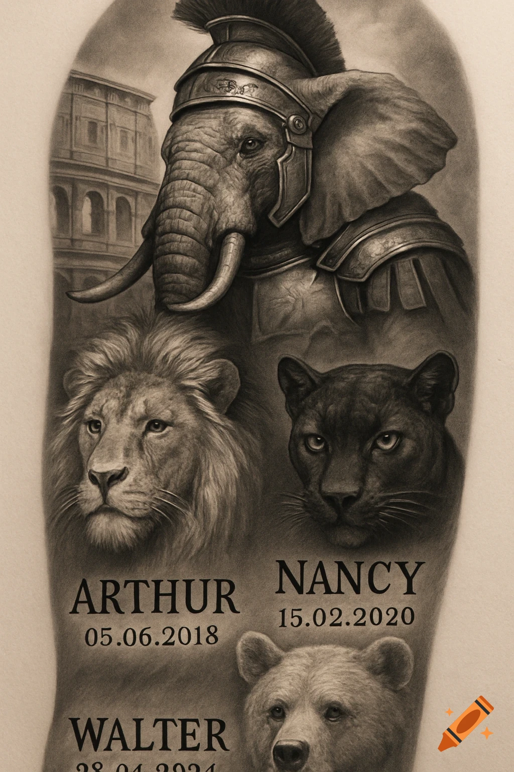 Tattoo design with elephant in Roman armor, lion, panther, bear, and Colosseum.
