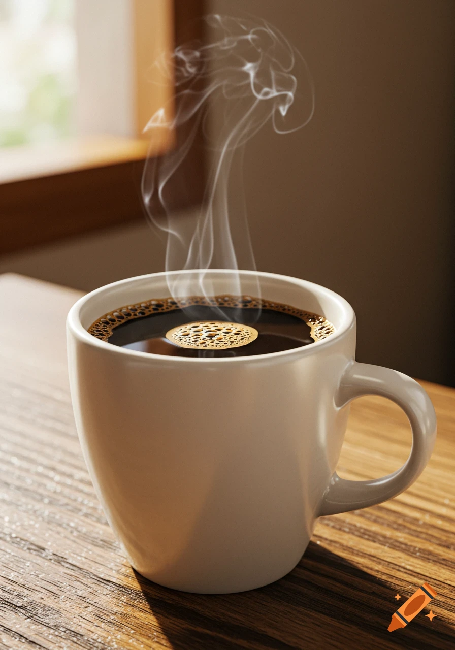 A steaming cup of coffee sits on a wooden table near a window.