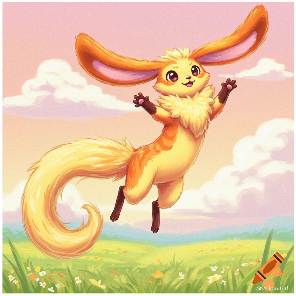 A cute orange and yellow creature with large ears and tail jumps over a grassy field with clouds in the sky.