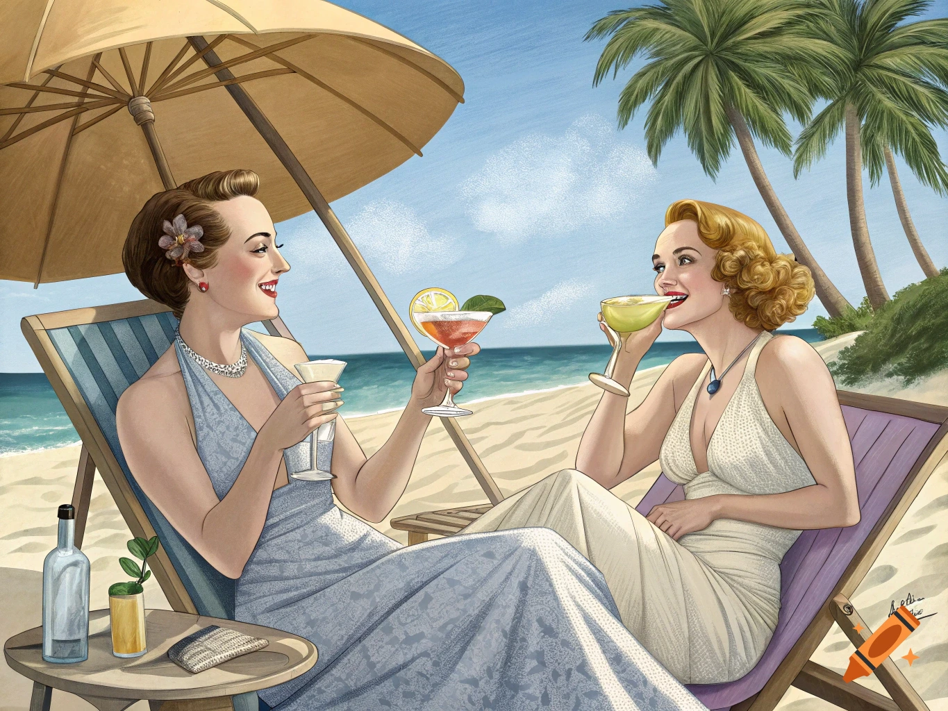 Vintage illustration of two women drinking cocktails on a beach.