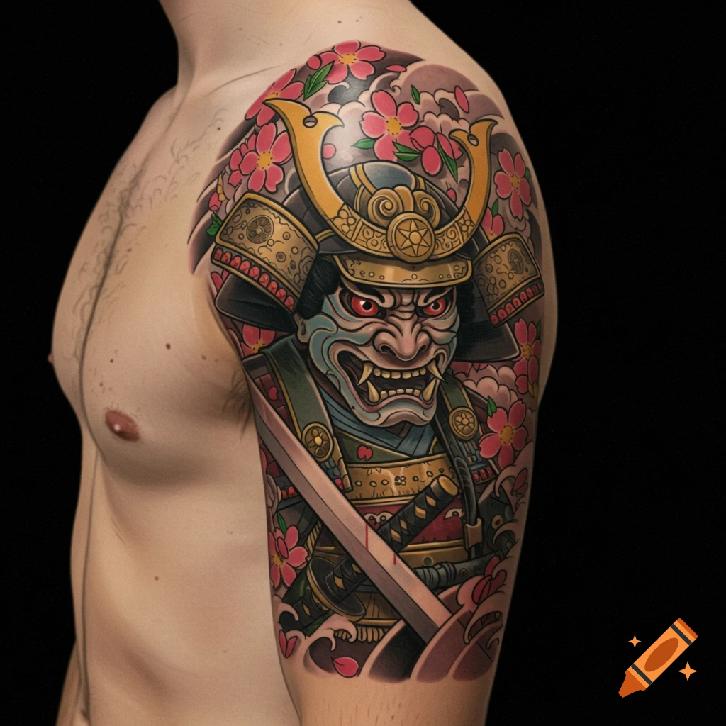 Detailed Japanese samurai mask tattoo on a shoulder