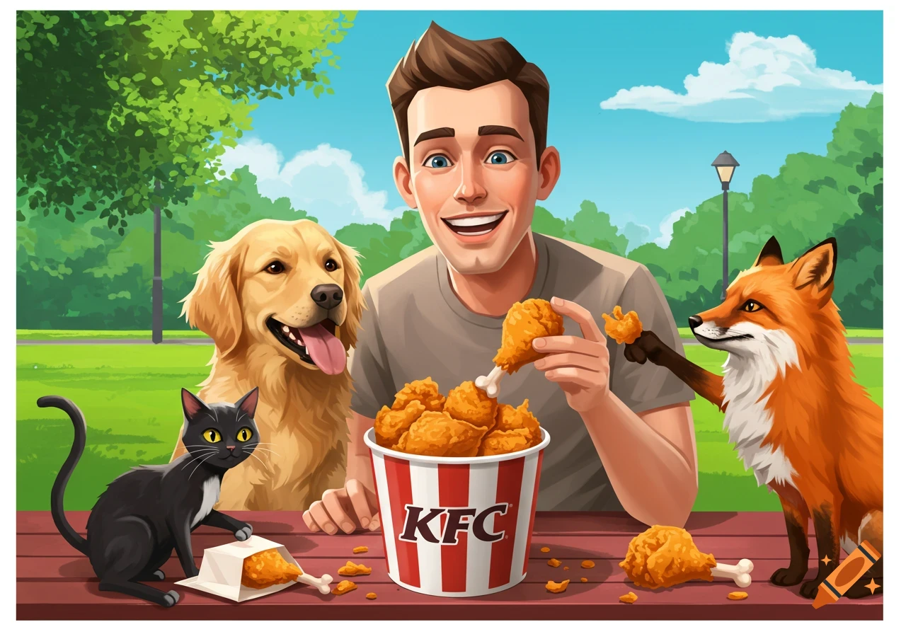 Illustration of a man, dog, cat, and fox eating fried chicken from a KFC bucket in a park.