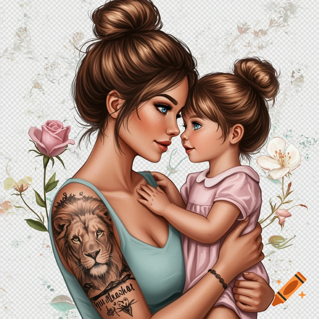 Digital art of a mother holding a child, both with messy buns and blue eyes, with a lion tattoo on the mother's arm.