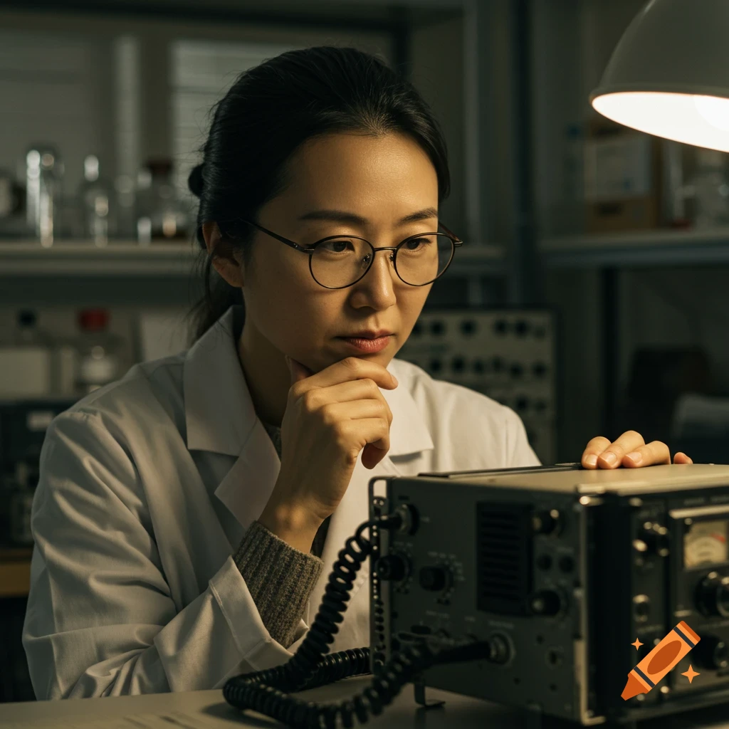 A woman scientist in a lab coat leans over electronic equipment, looking thoughtful.