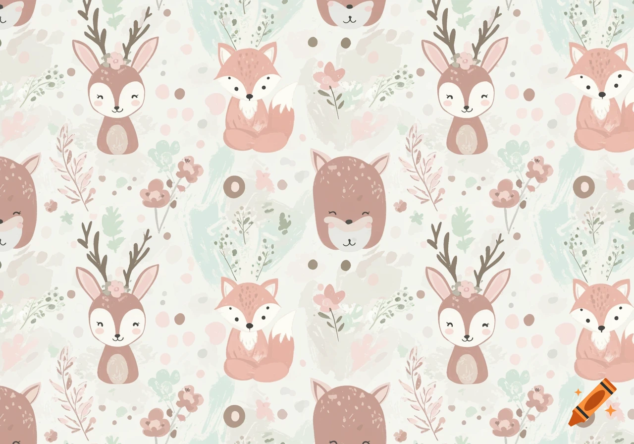 Seamless pattern featuring cute pastel deer, foxes, and round animal faces among simple flowers and leaves on a light background.