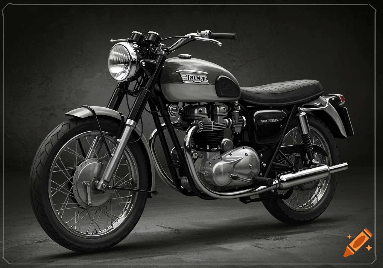 A black and white drawing of an old-school Triumph motorcycle.