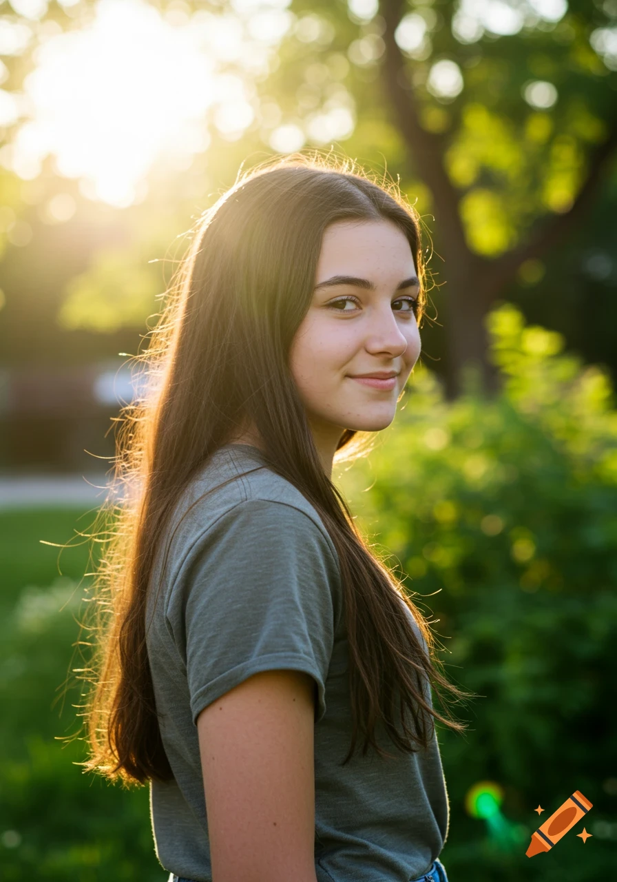 A teenage woman smiles over her shoulder, backlit by sunlight in a park.