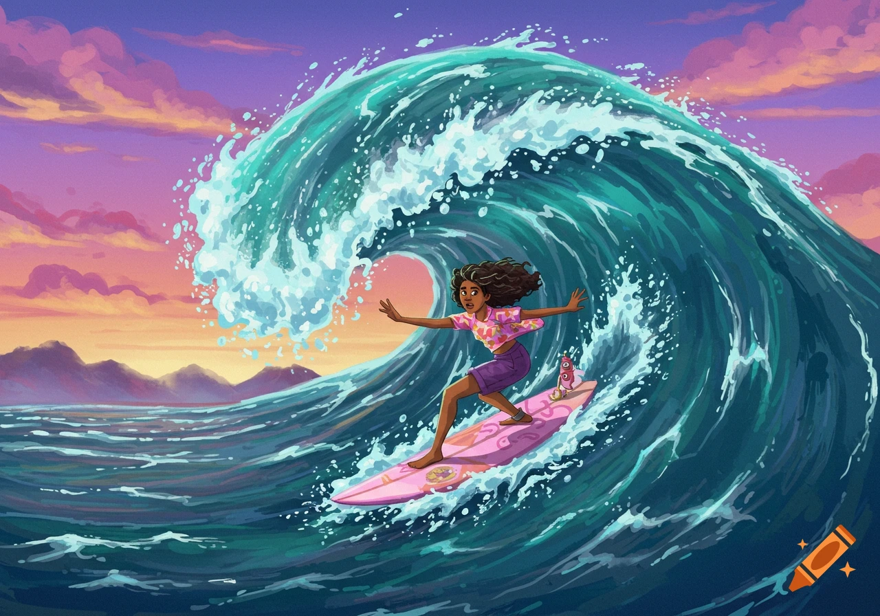 Illustration of a person surfing a large wave during sunset