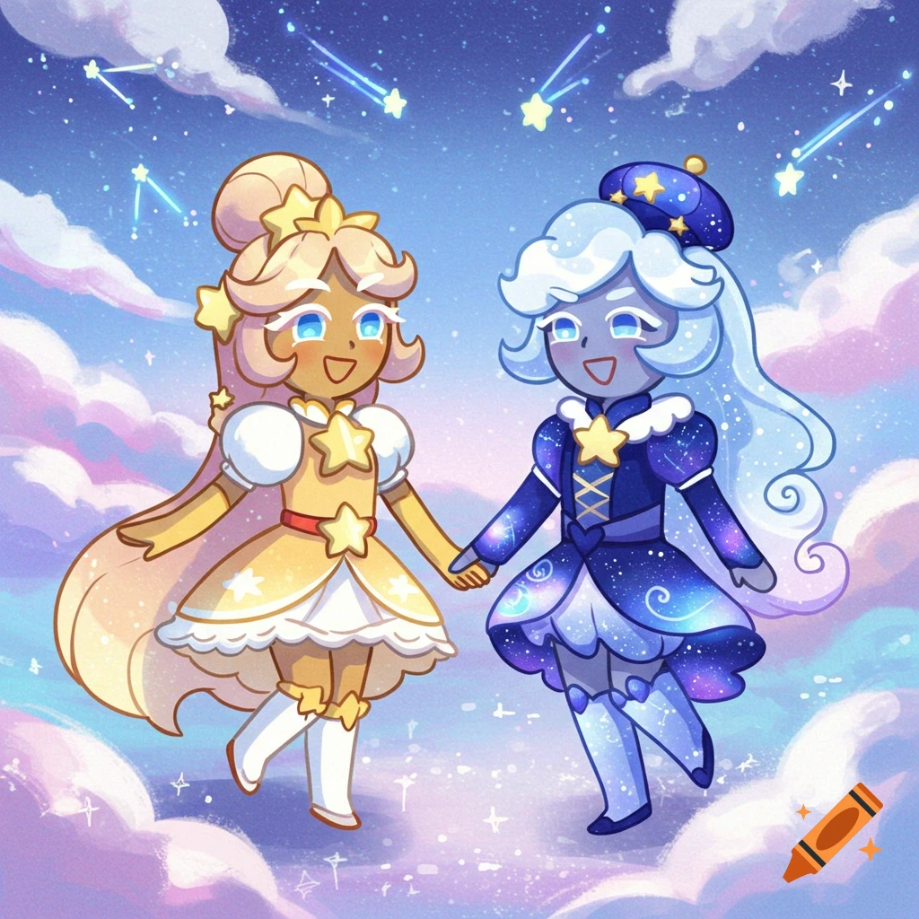 Two cartoon characters, Stardust Cookie and Milky Way Cookie, holding hands and smiling in a starry sky with clouds.