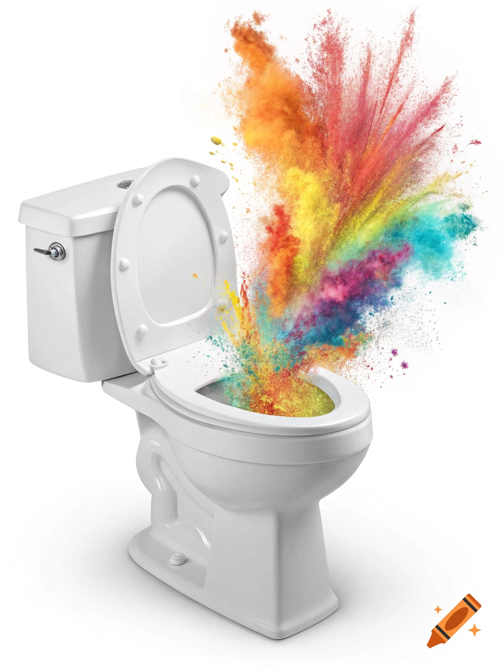 A white toilet with a vibrant multi-colored powder explosion bursting from the bowl.