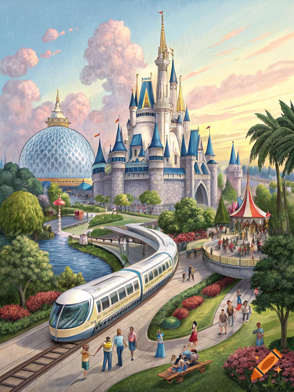 Illustration of a fantasy castle and monorail in a sunny theme park scene with crowds and gardens.