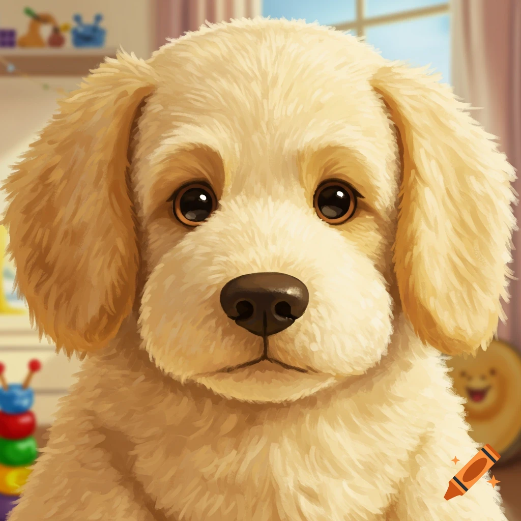 Close-up digital illustration of a cute puppy in a playroom.