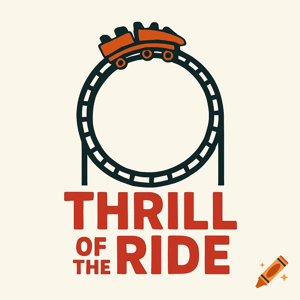 A graphic logo featuring a rollercoaster loop with a cart on top, and the text "THRILL OF THE RIDE" below.