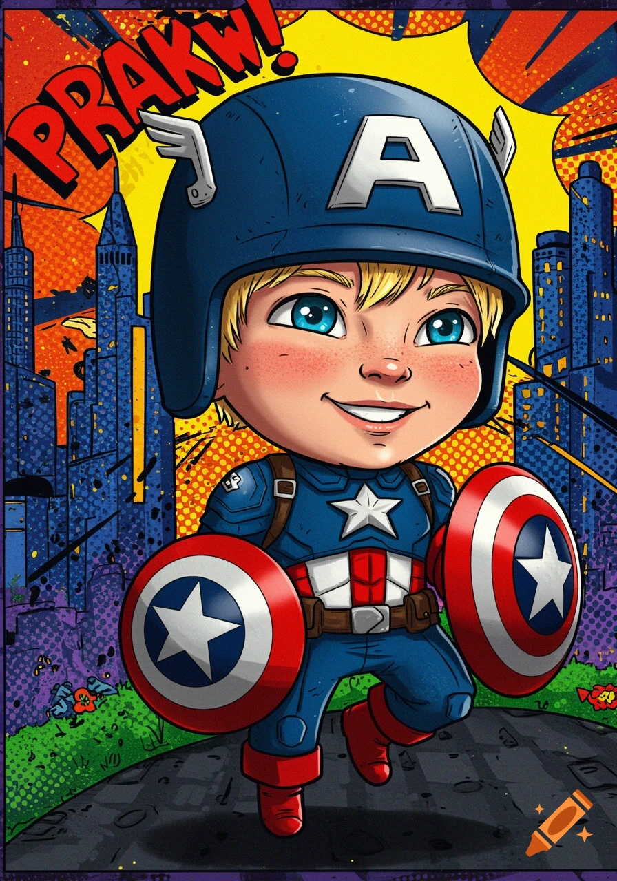 Cartoon chibi boy dressed as Captain America with two shields in a comic book city with 'PRAKW!' text.